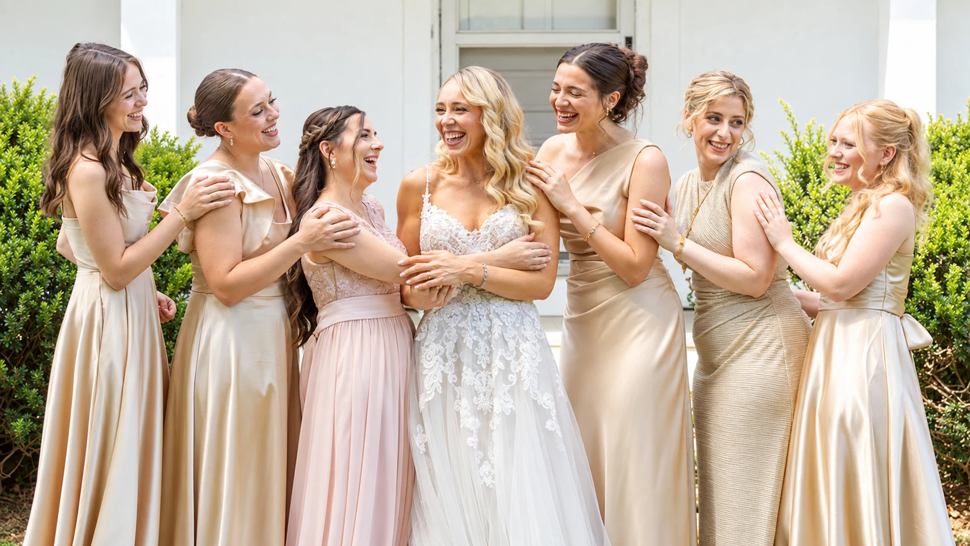 Bride and bridesmaids in pastel dresses gathered on the lawn